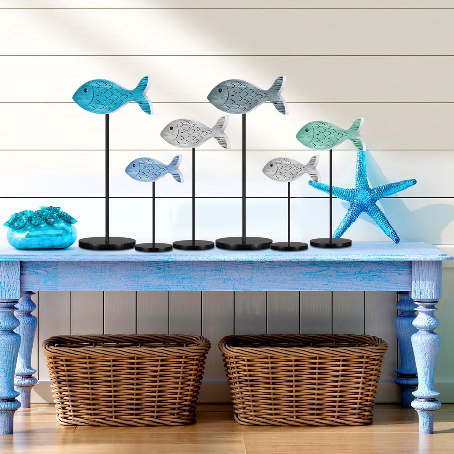 Geetery 6 Pcs Wooden Fish Table Decor Summer Ocean Tabletop Centerpiece Sea Animal Standing Sign Rustic Wood Fish Home Decor Coastal Beach Figurines Block for House Office(Classic Style)