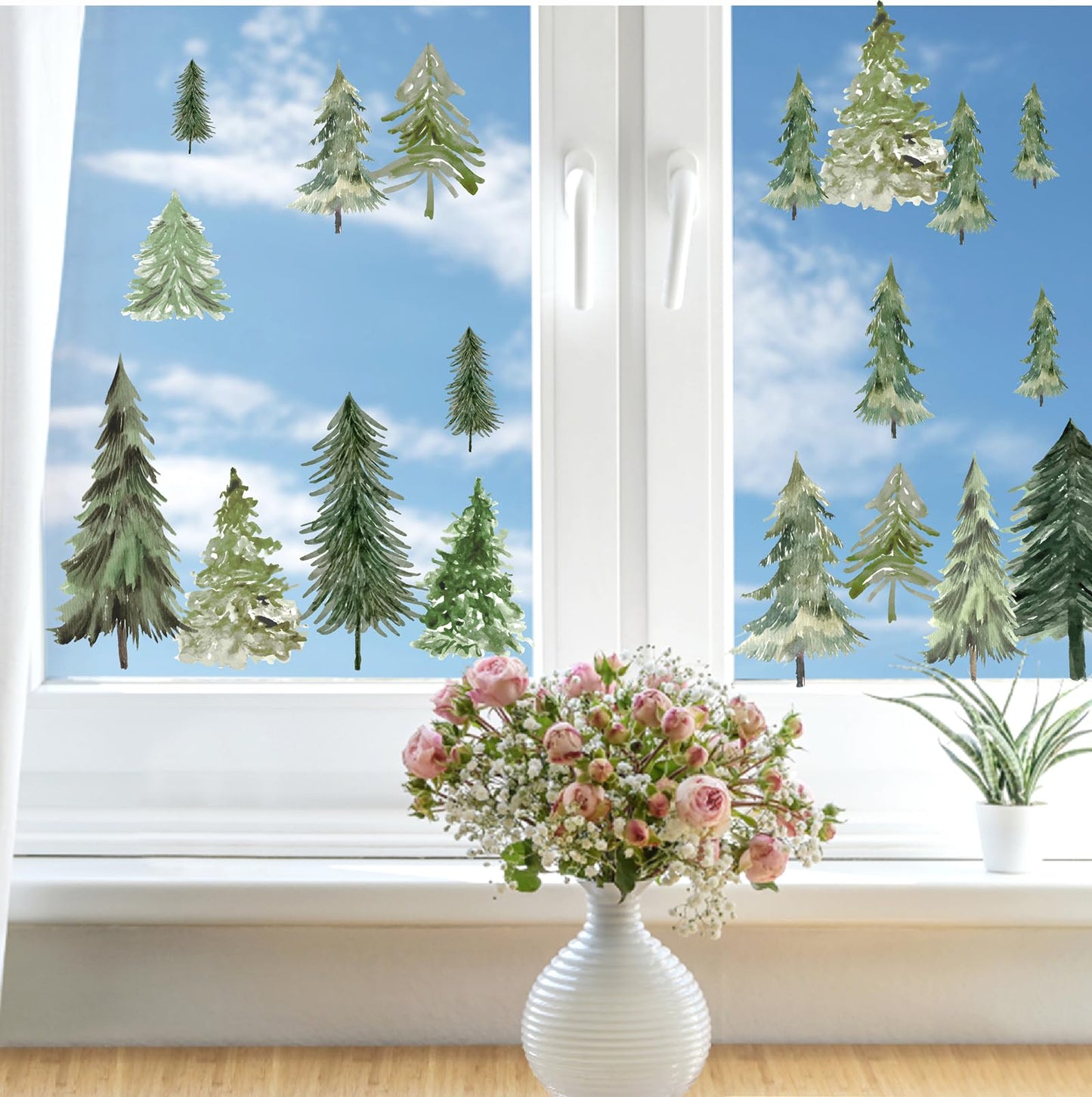 Watercolor Tree Wall Stickers Small Pine Tree Wall Decal Green Trees Wall Window Stickers Removable Forest Trees Decals Peel and Stick Small Tree Wall Decals for Bedroom Living Room Nursery