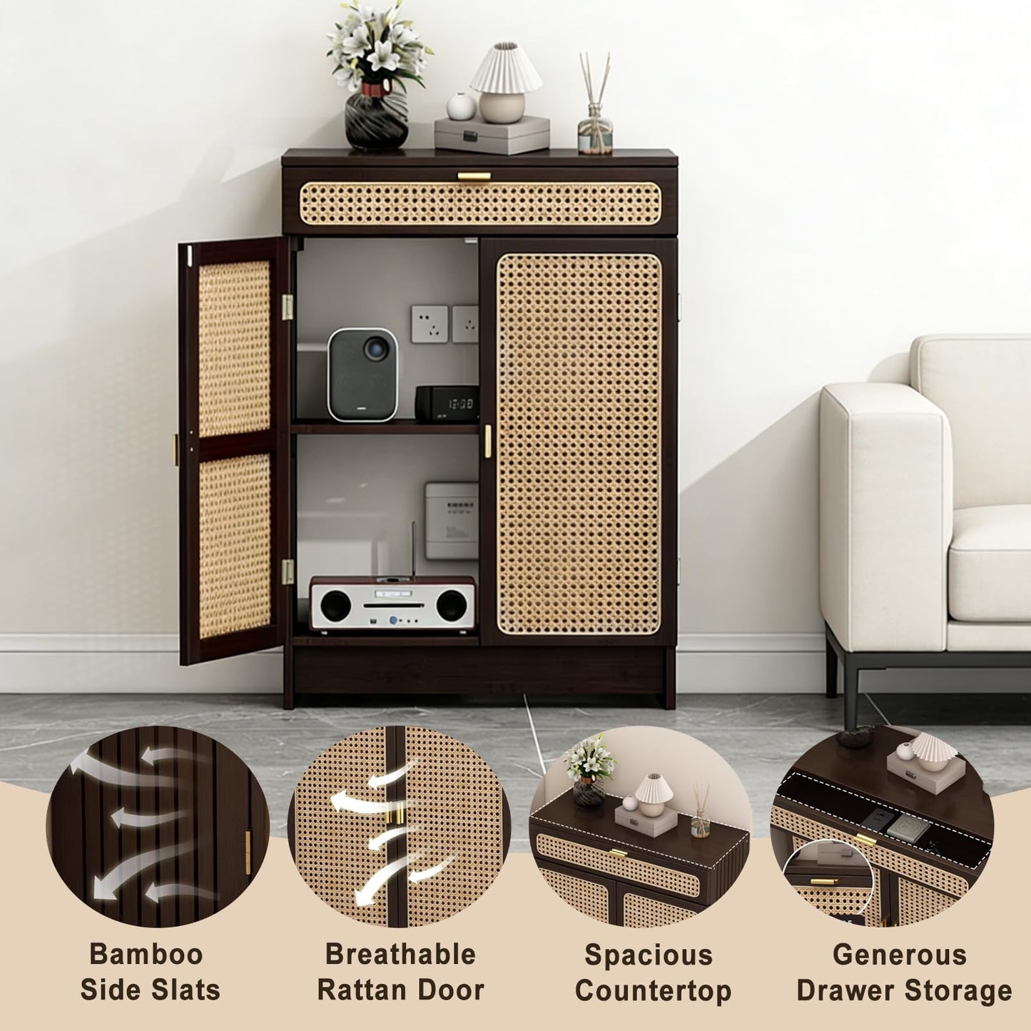 Jueraori WiFi Router Storage Cabinet with Adjustable Shelves, 2-Tier Standing Bamboo Cabinet with Rattan Doors and Drawer, Power Strip Cable Management Hider Rack for Home & Office(35.4"×19.7"×9.8")