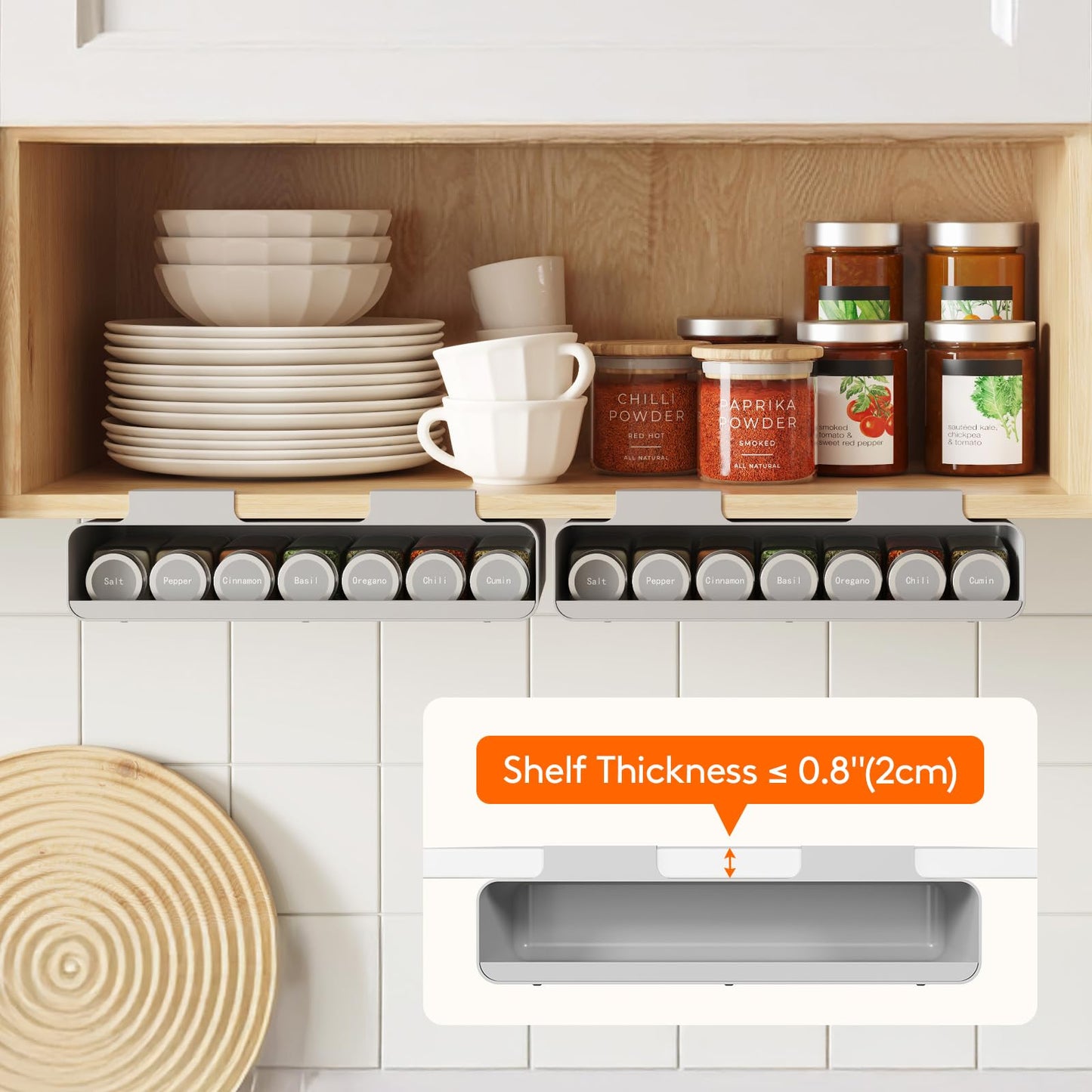 Lifewit Under Cabinet Spice Rack Organizer with 7 Jars, Lables, Under Shelf, Easy Refilling with Silicone Funnel,Seasoning Organizer for Kitchen Storage Solution, Gray