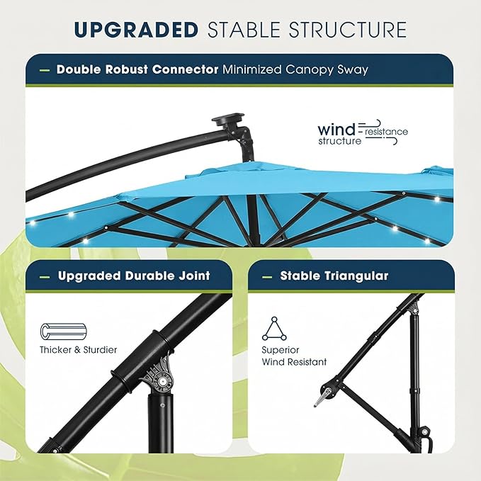 wikiwiki 10ft Solar LED Patio Umbrella with Base Included, Offset Umbrella with Weighted Sandbag Base, Cantilever Patio Umbrellas for Backyard, Garden & Deck, 32 LED Lights & Polyester Shade, Sky Blue