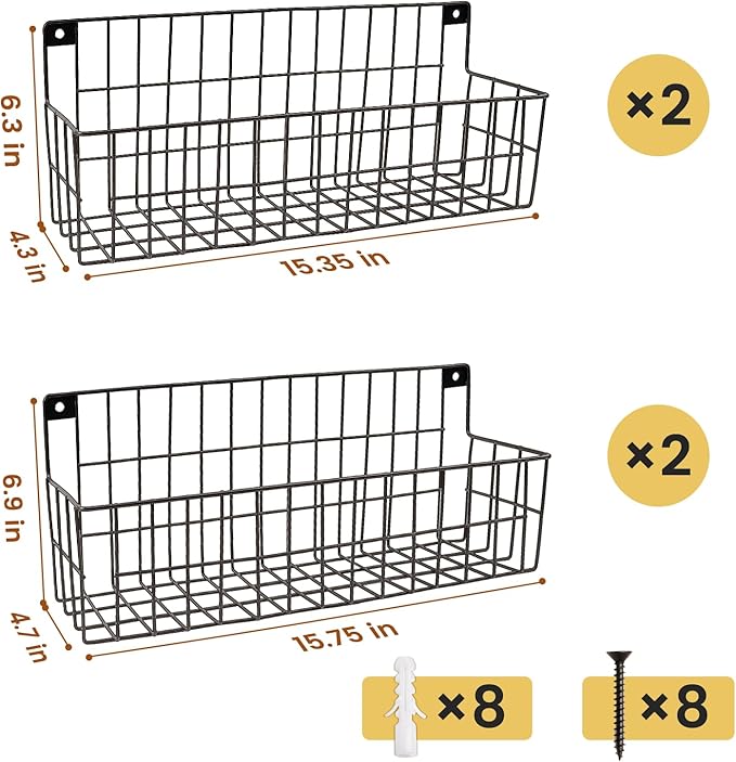 4 Set Extra Large Hanging Wall Wire Baskets, Hanging Wall Mount Storage Baskets