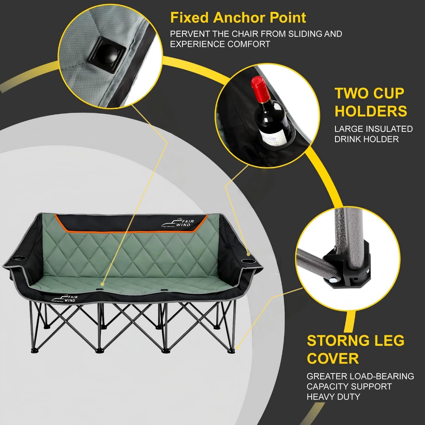 FAIR WIND Oversized 3 Person Camping Chair Padded Triple Loveseat Folding Camping Couch Duo Chair Heavy Duty Quad Fold Arm Chair with Cup Hold - Supports 900 LBS Black