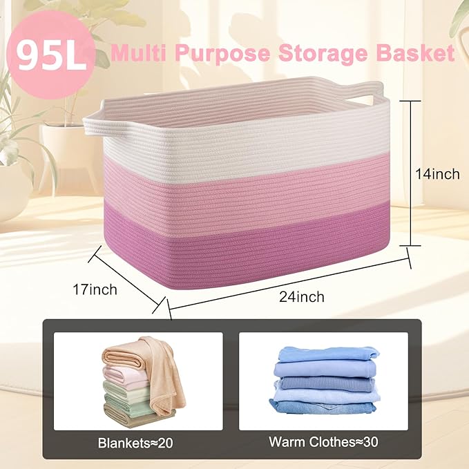 OIAHOMY Extra Large Blanket Basket, 95L Cotton Rope Woven Laundry Basket