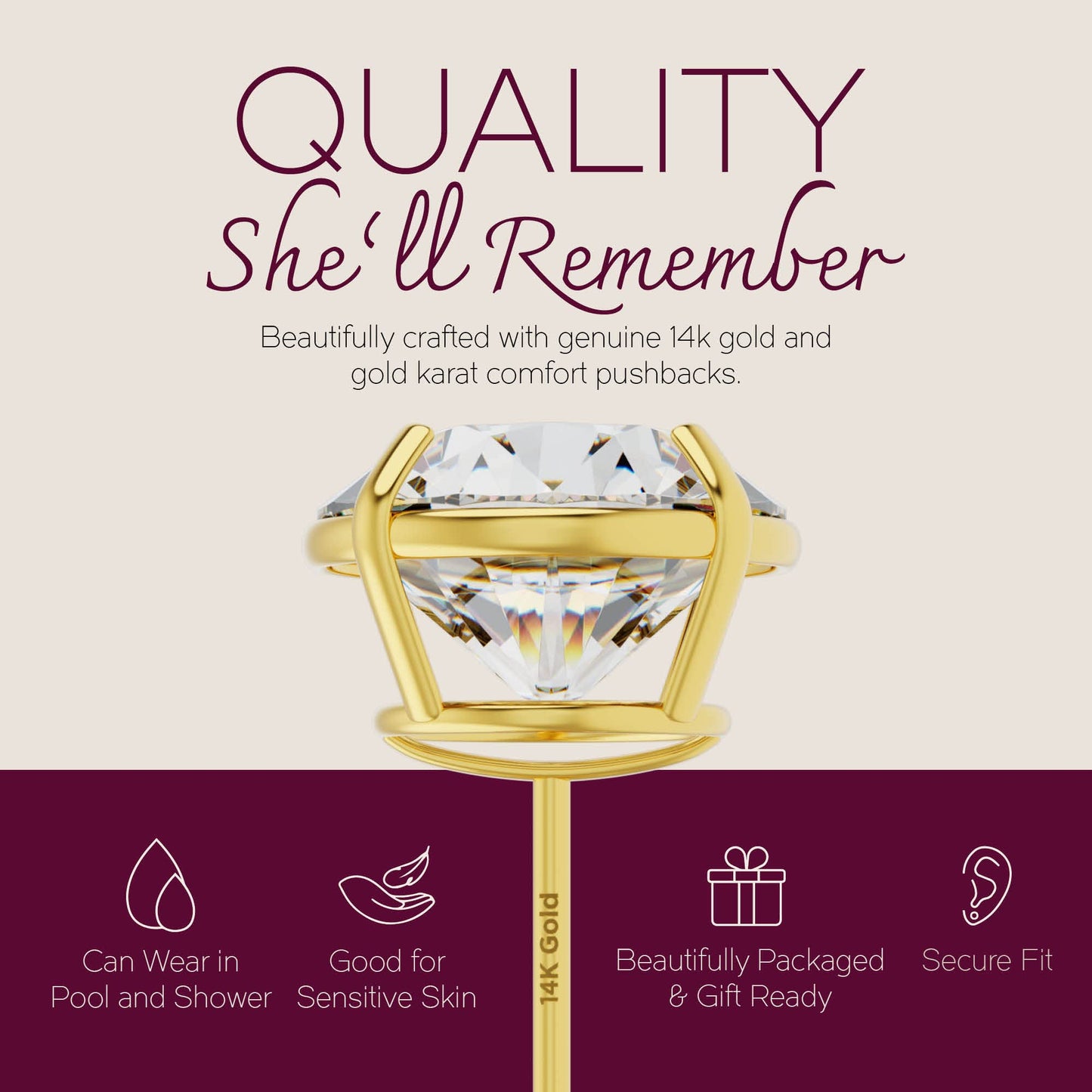 Solid 14k Yellow Gold Solitaire Round Cubic Zirconia CZ Stud Earrings with 14k Gold Butterfly Push Backings