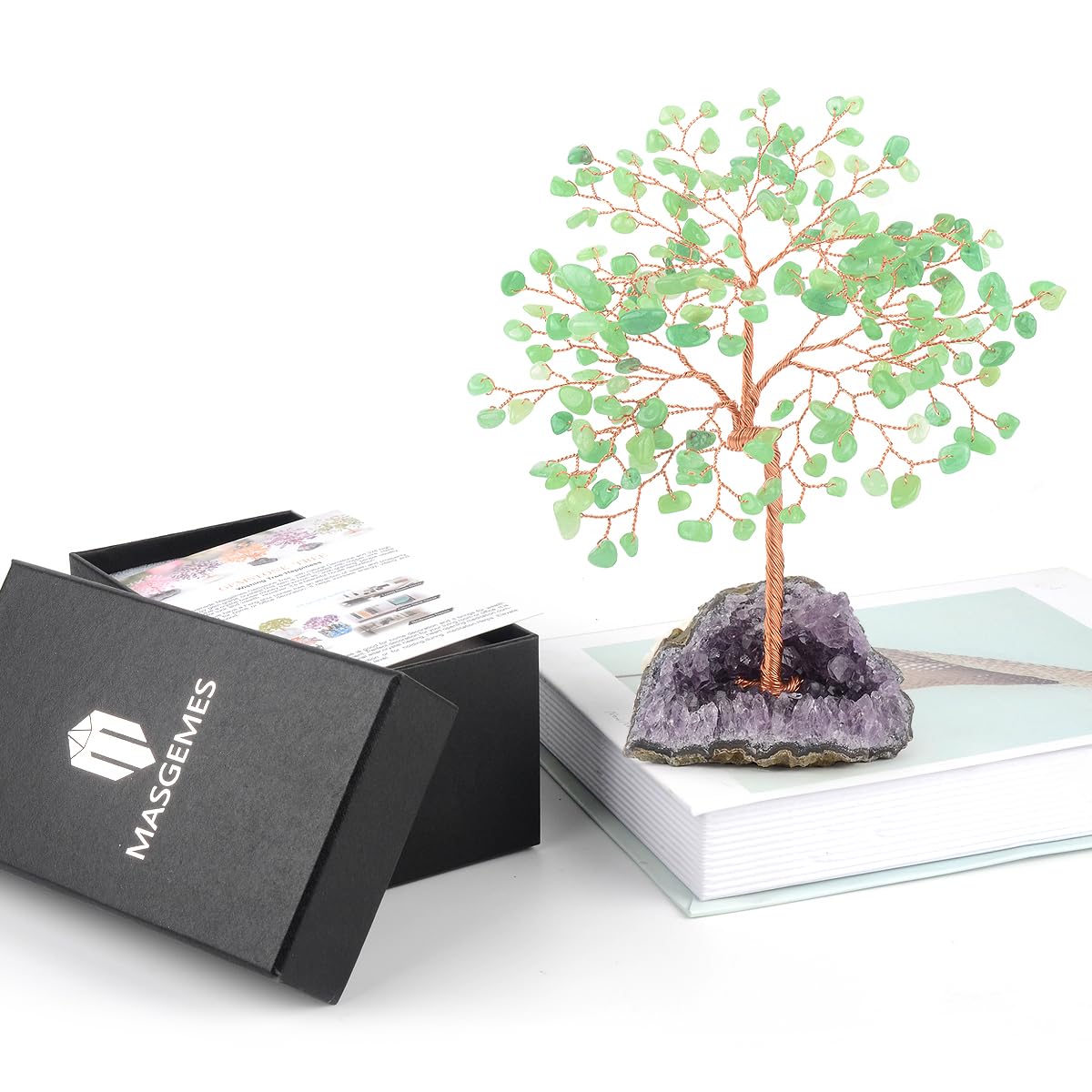 MASGEMES Gemstone Crystal Tree of Life,Natural Green Aventurine with Amethyst Cluster Base,Feng Shui Gift Bonsai Money Tree,Home Decor for Luck and Wealth 5.5"-6.3"