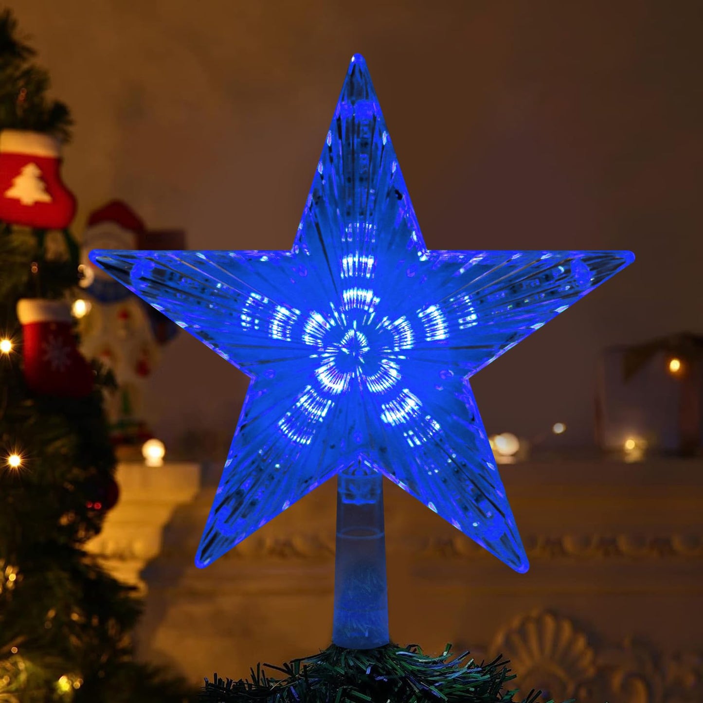 DERAYEE Christmas Tree Topper, 9 Inch Lighted Xmas Star Tree Topper Battery Operated Treetop for Christmas Tree Decorations Indoor Home Décor (6H Timer, Blue Lights)