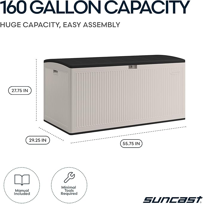 Suncast 160-Gal. Resin Extra-Large Outdoor Patio Deck Box with Pad-Lockable Lid, Modern Reeded Outdoor Patio Bench/Storage Box for Cushions, Garden Tools, and More, Iron Ore/French Gray