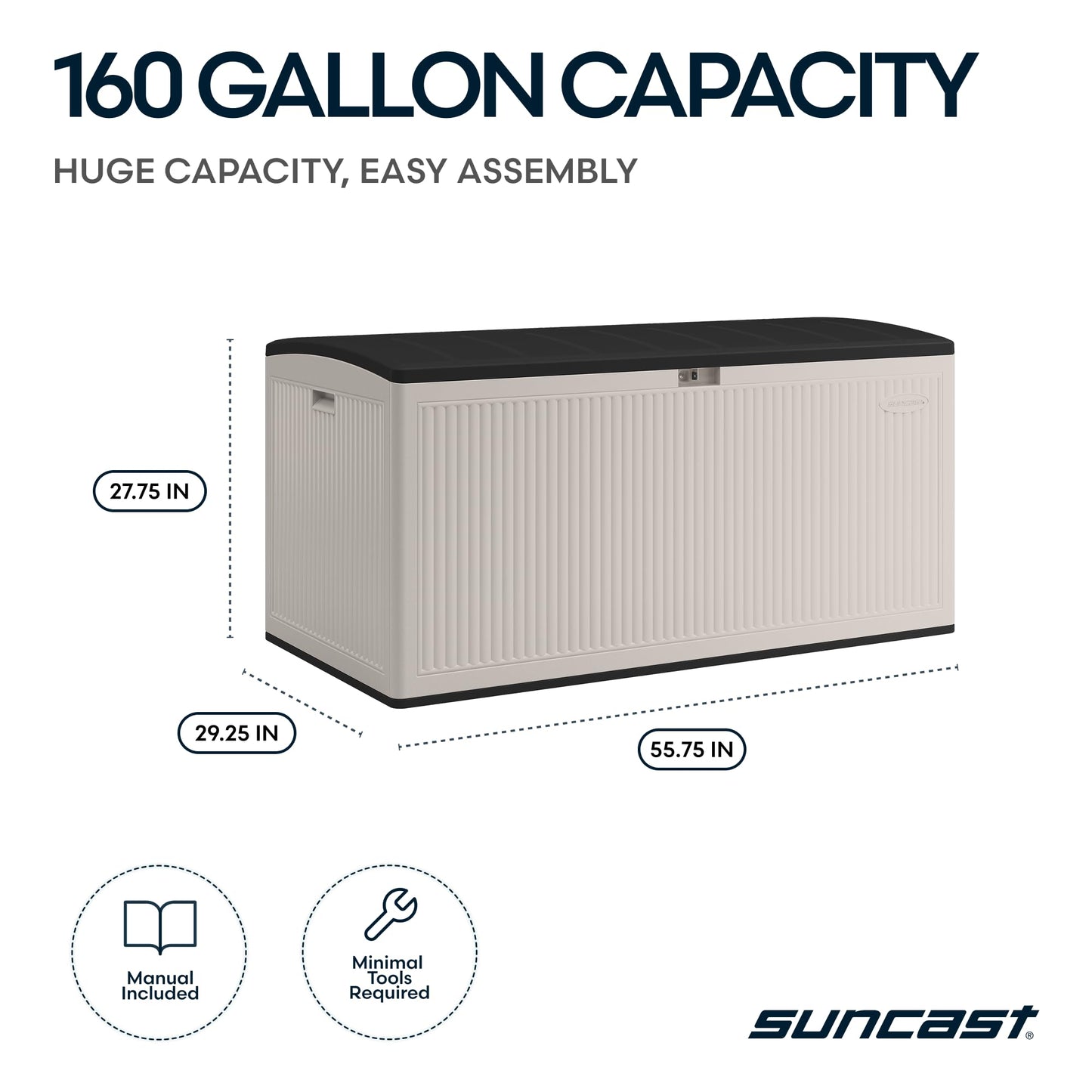 Suncast 160-Gal. Resin Extra-Large Outdoor Patio Deck Box with Pad-Lockable Lid, Modern Reeded Outdoor Patio Bench/Storage Box for Cushions, Garden Tools, and More, Iron Ore/French Gray