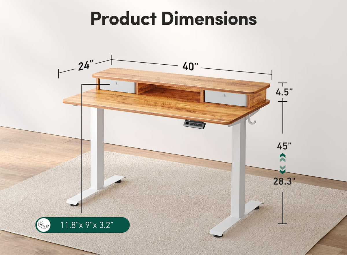 FEZIBO 40 x 24 Inch Height Adjustable Electric Standing Desk with Double Drawer, Stand Up Desk with Storage Shelf, Sit Stand Desk, Light Rustic