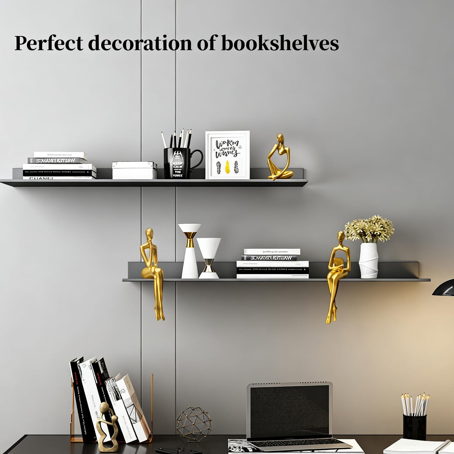 Prettidecor Gold Home Decor Thinker Statue Accents, Set of 3 Thinker Sculptures Office Decor Modern Abstract Resin Decoration on Shelf Table Desk for Living Room Office Bedroom (Small Gold)