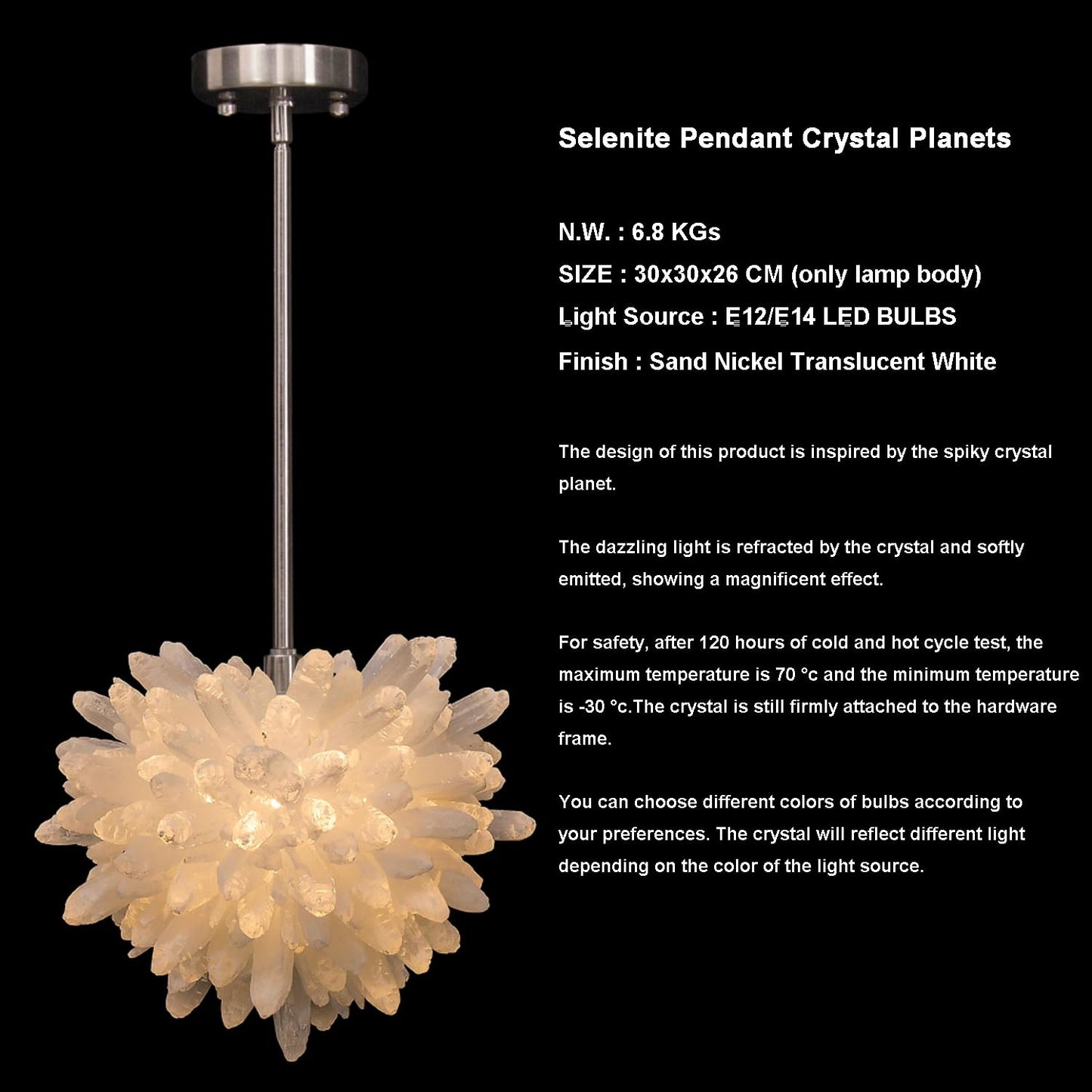 YeasHome Selenite Crystal Pendant Light, 12 Inches, White