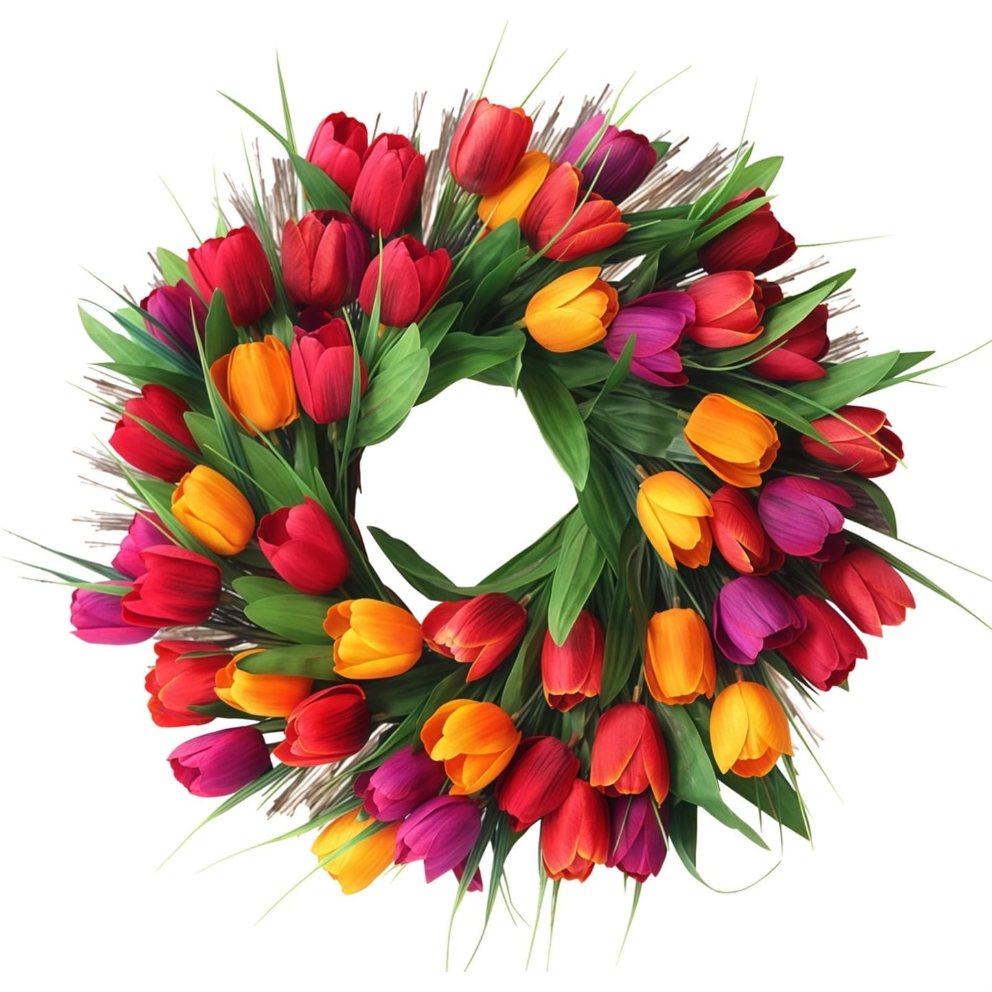 Vestamore Red, Yellow, Orange, Vibrant Petals with Faux Spring Wreath, 15.8 in/ 40 Cm for Front Door, Rattan Base Natural, Decoration Spring Multi-Purpose Home and Outdoor