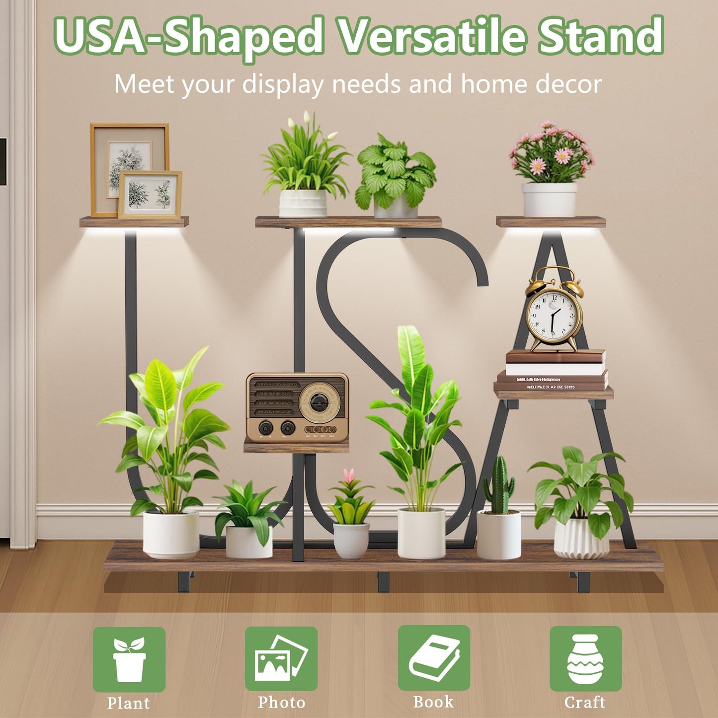 NUNUDA Plant Stand Indoor with Grow Lights - Enlarged 6 Tiered Plant Shelf with Grow Light, 32" USA-Shaped Plant Stand Holds 12 POTS Indoor Plants, Metal Plant Shelf for Home, Living Room, Patio