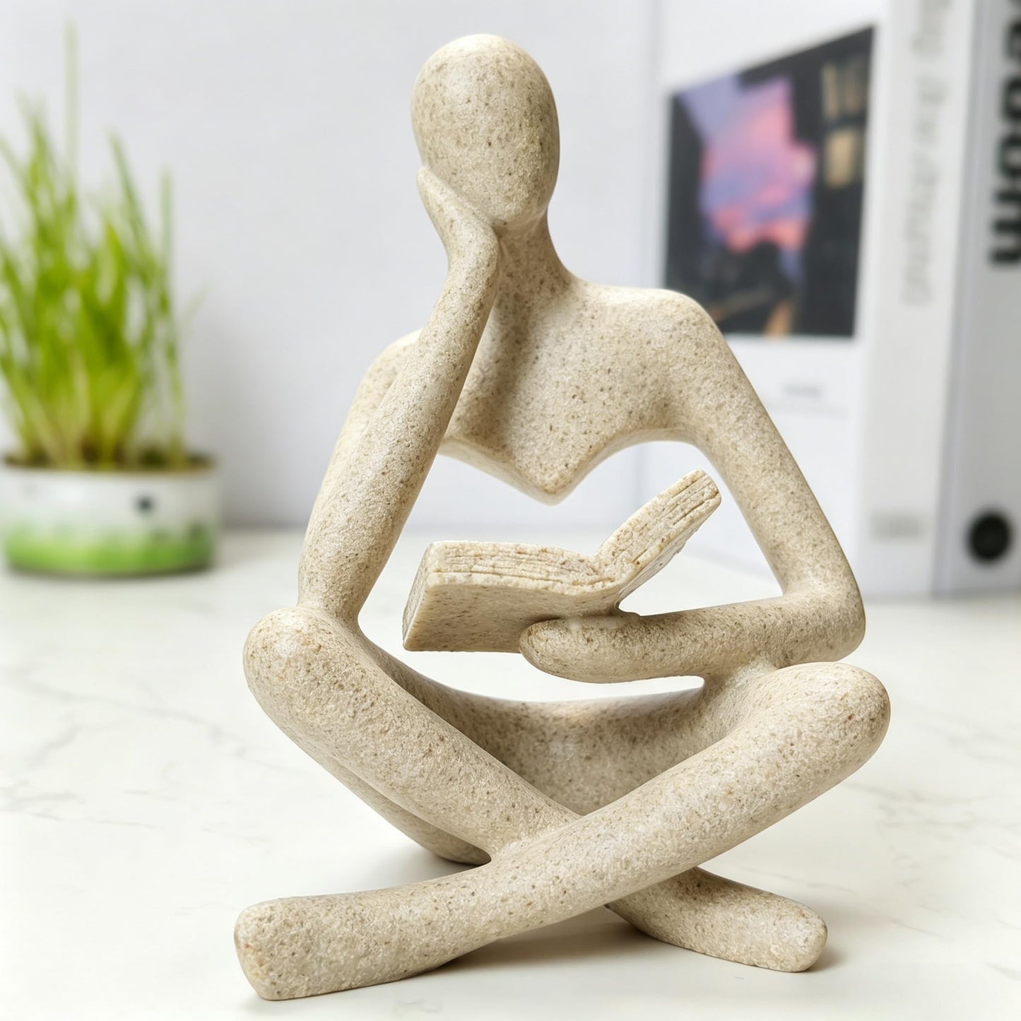 LWDUDE Reading Thinker Statue, Grey Abstract Sculpture for Bookshelf Knick Knacks, Minimalist Decor for Coffee Table, Office Desk, Living Room Shelf Decor - Modern Home Accents (Grey)