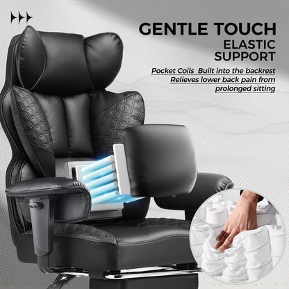 COMHOMA Big and Tall Office Chair Heavy Duty Wide Ergonomic Gaming Chair with Deluxe Embossing Designed Leather with Foot Rest,150°Reclining Adjustable Armrests Pocket Spring Back Support and Pillow