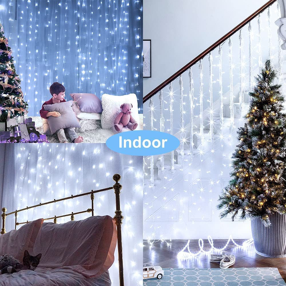 Whywhife Solar Curtain Lights Outdoor Garden 300 LED Fairy String Lights 8 Modes Remote Control Waterproof Waterfall Lights for Gazebo Patio Home Festival Wedding Wall Christmas Decorations(White)