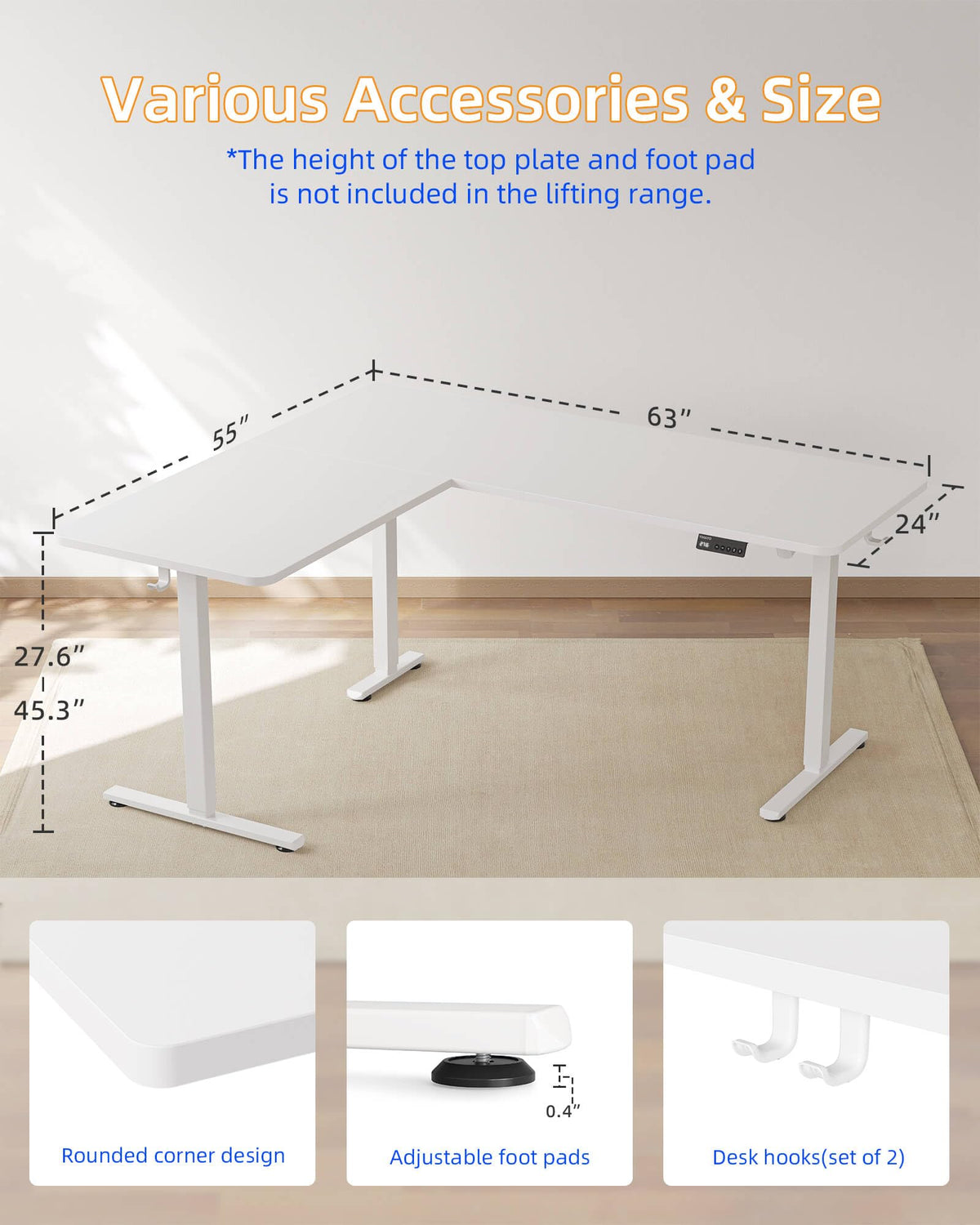YIHAYO L Shaped Standing Desk Adjustable Height, 63 x 55 Inches Electric Corner Standing Desk with Splice Board, Computer Desk for Home Office, White