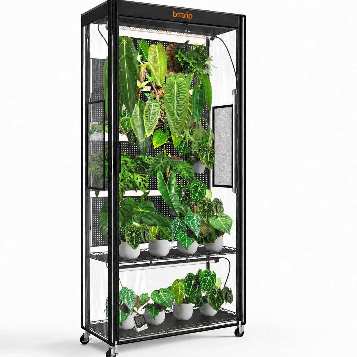 Bstrip Plant Cabinet with 3-Tier Shelf & 36.6"x14.5"x69.7" Greenhouse Cover Replacement with Base Tray – Indoor Transparent Plant Tent for 35.4"x13.8"x71" Shelf, 4x96W Grow Lights