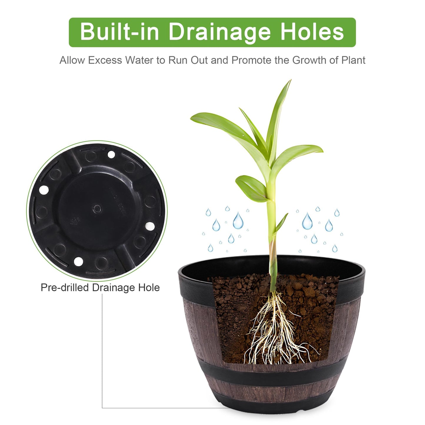 VECELO Plant Pots with Drainage Holes & Saucer, 11.3 Inch Flower Pots with Tray, 4 Pack Plastic Whiskey Barrel Planters for Indoor & Outdoor Garden Home Plants and Flowers