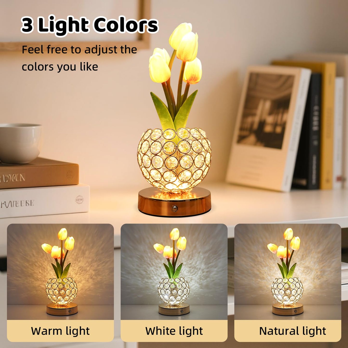 Komothala Tulip Flower Lamp,4000mAh Rechargeable Cordless Lamp with 3-Colour Stepless Dimming,Touch Control Cordless Table Lamp Night-Light for Home Decor,Unique Birthday Gifts for Women