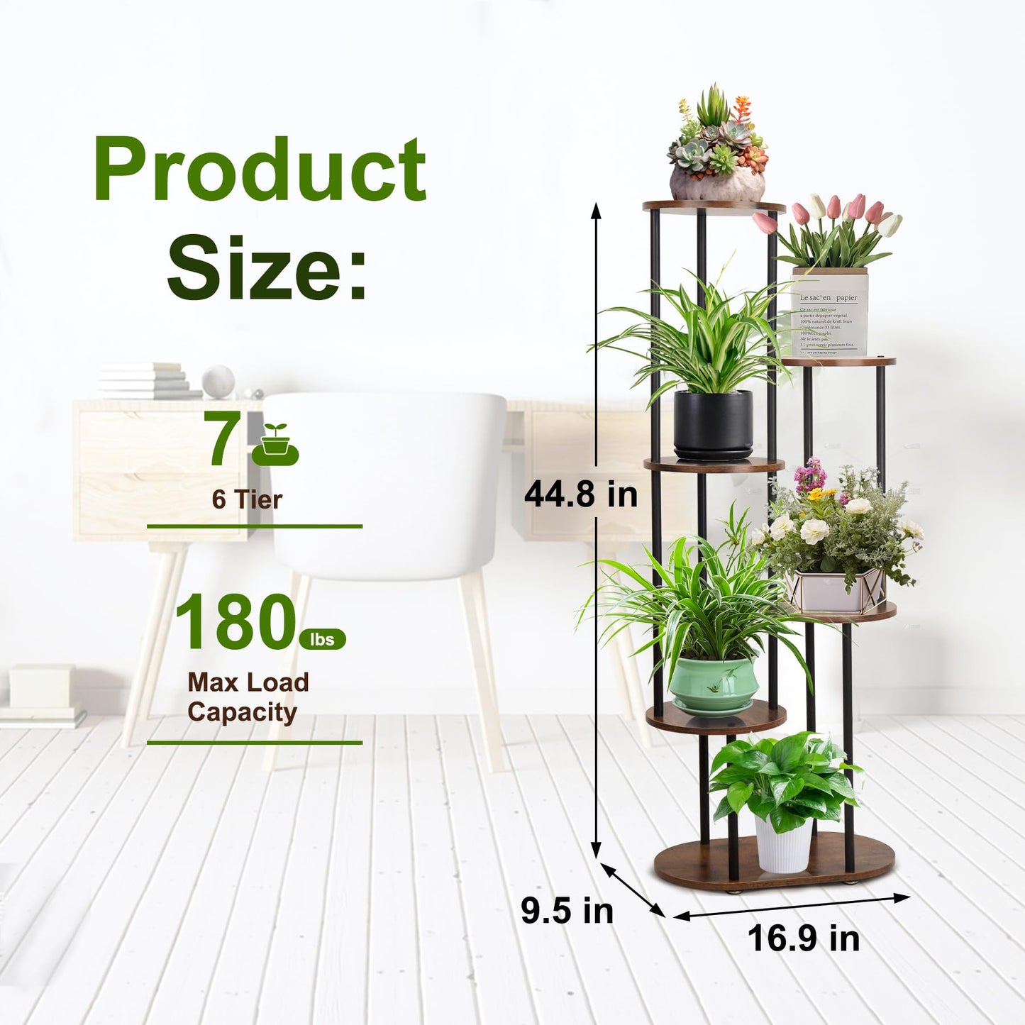 Exrisiry Plant Stand Indoor - 6 Tiers Plant Holder Indoor 7 Pots Flower Plant Shelf, 44.8 Inch Tall Large Wooden Plant Rack for Living Room, Patio, Balcony Decor, Gardening Gift, Black