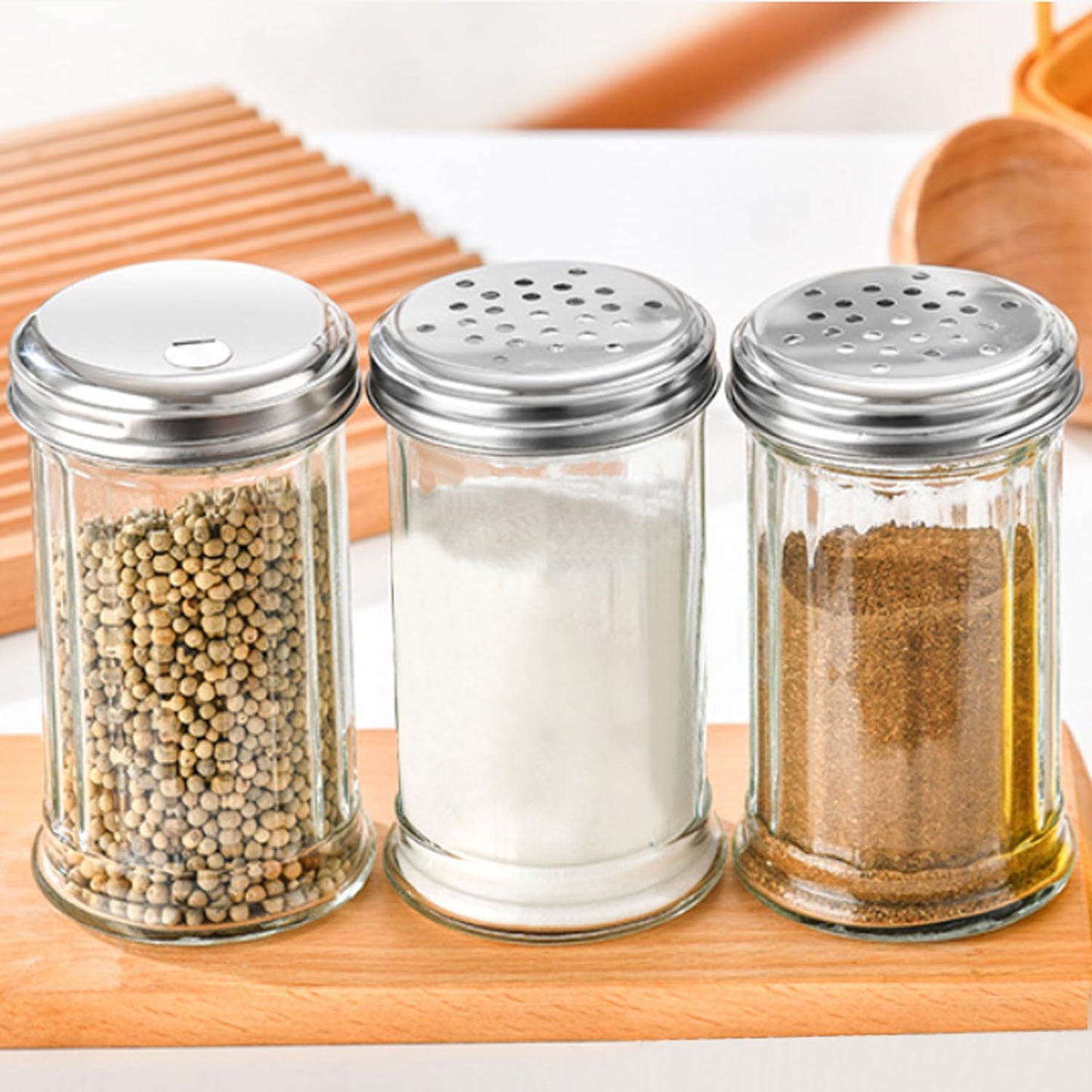 RUIQINQI 12 oz Retro Style Glass Sugar Shakers Dispenser, Glass Jar, Sugar Shaker, Stainless Steel Pour-Flap Lid, For Sugar/Cinnamon/Bee Pollen/pepper and other spices (Perforated Lid-1pc)