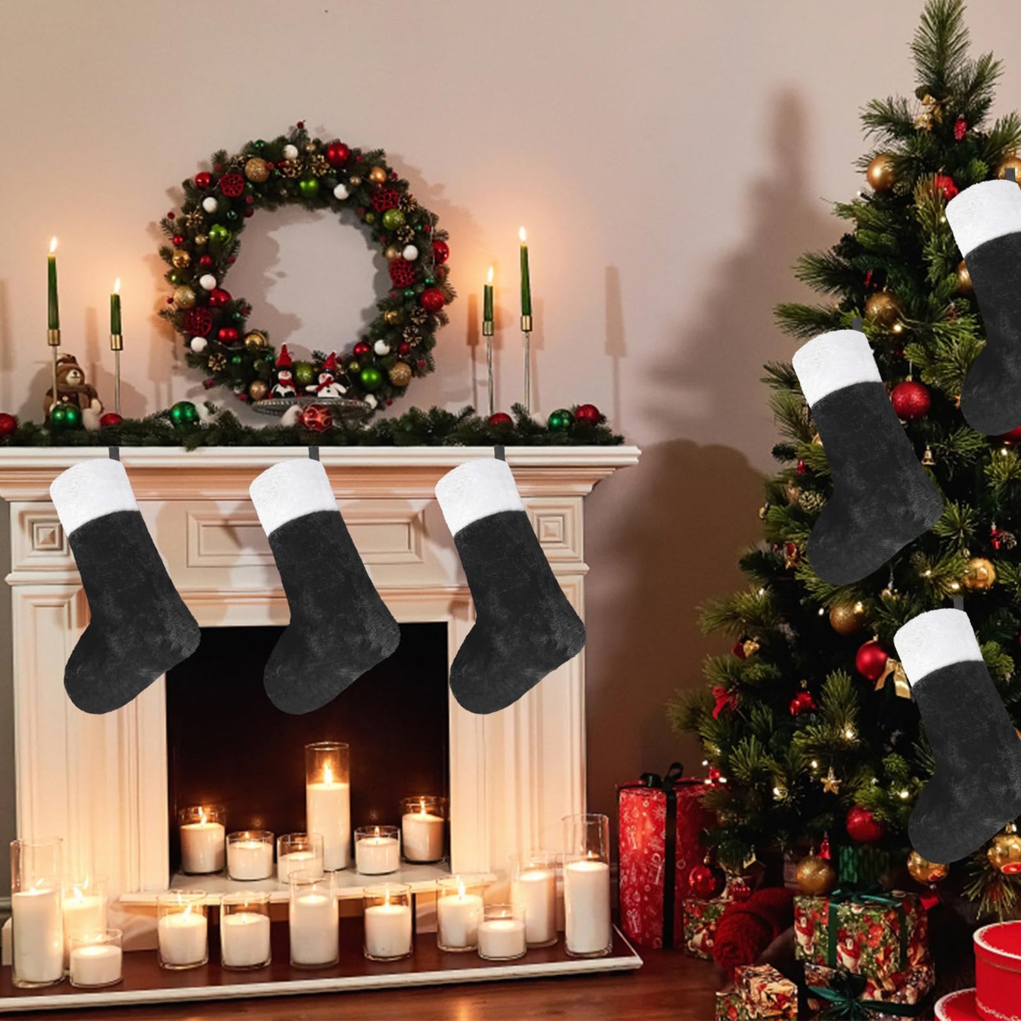 CCINEE Christmas Black Stockings,6 Pack 18 Inches Large Stockings with Plush Cuff,Classic Christmas Stockings Decorations for Xmas Party Favor Gifts Fireplace Decor