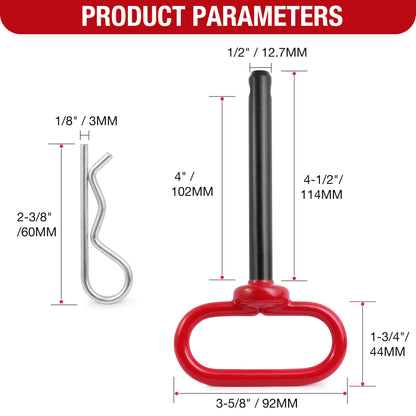 Jamiikury Trailer Hitch Pin, 1/2 x 4 Inch Tractor Hitch Pin with R-Clip Pin for Lawn Mower, Tractor, Trailer (Red)