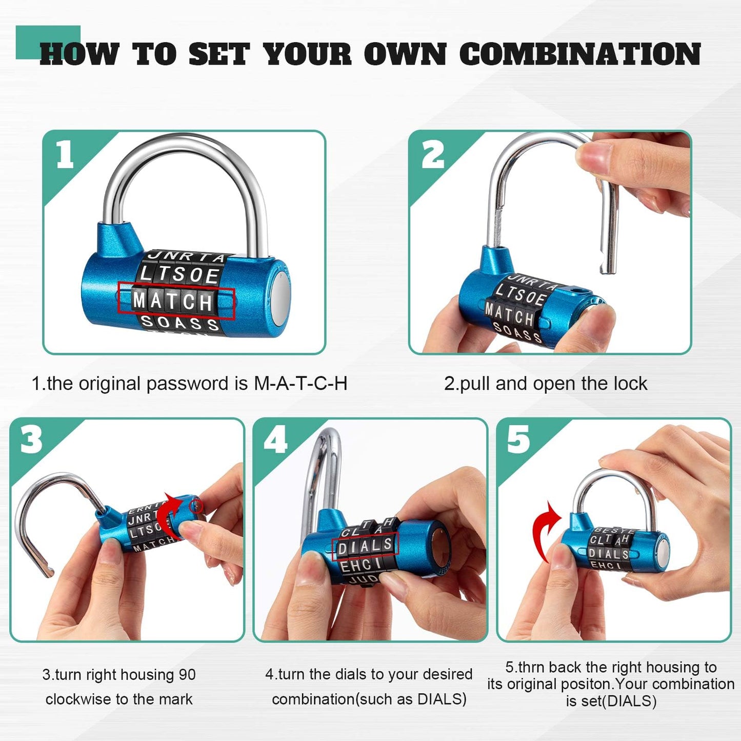 Shimeyao 2 Pcs 5 Letter Combination Lock Metal 5 Digit Lock Heavy Duty Word Gym Locker Keyless Resettable Safety Padlock for School Gym Locker Toolbox Hasp Cabinet(Blue, Red)