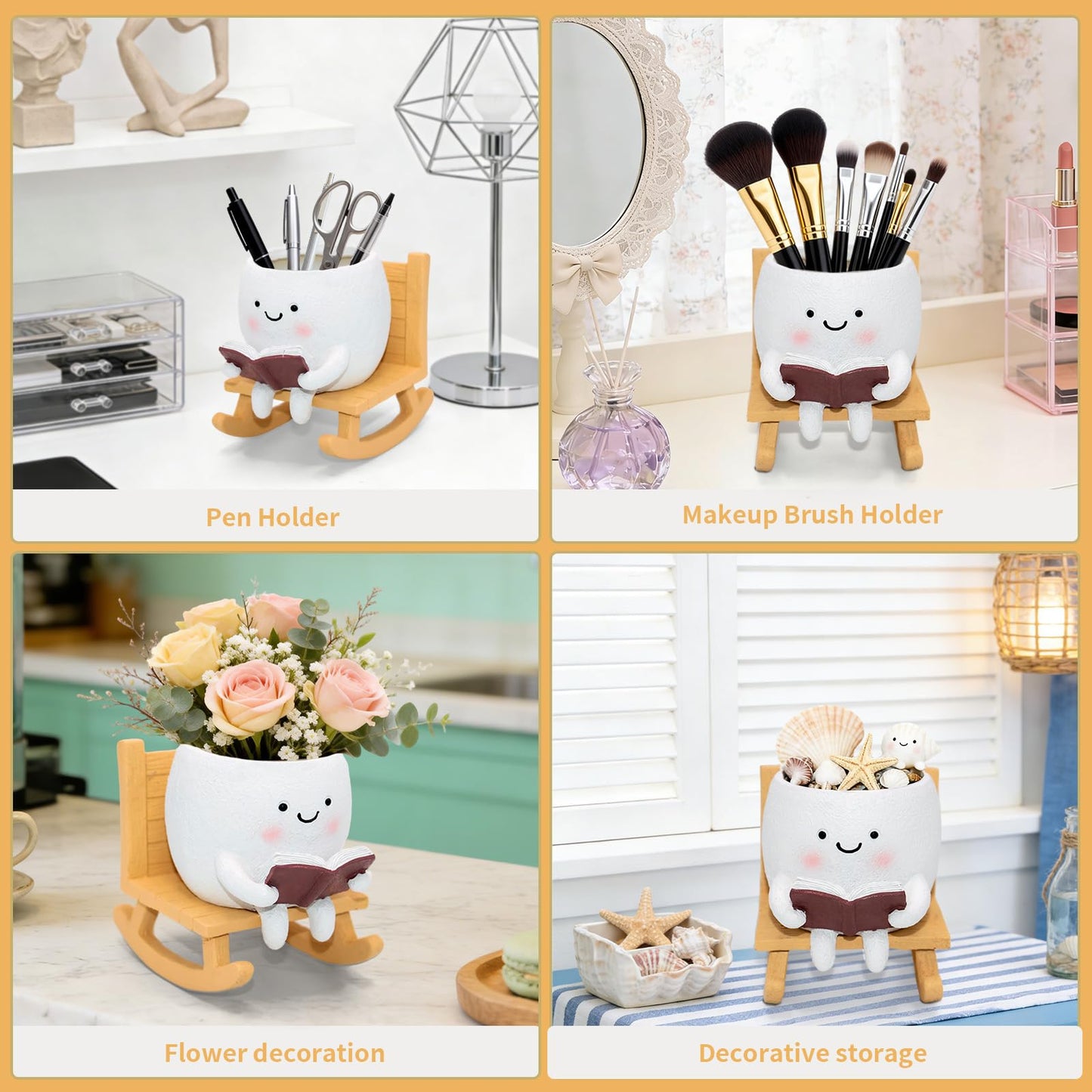 LAUGOKEBE Smily Face Reading Book Planter Pot, Cute Resin Flower Head Planters for Indoor Outdoor, Unique Sit Rocking Chair Succulent Pots with Drainage Hole Gift IdeaI for Christmas