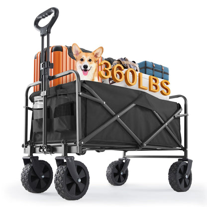 Sweetcrispy Collapsible Foldable Wagon Cart, Large Capacity Garden Beach Cart with All-Terrain Wheels, Heavy Duty Utility Grocery Wagon with Drink Holders for Shopping Sports Camping, Large Black