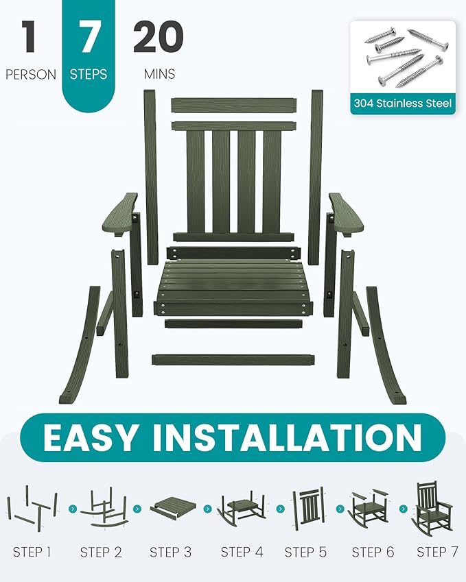 SEWALL HDPE Rocking Chair, Oversized Outdoor Rocking Chair for Adults, Patio Rocker for Porch, Avocado Green