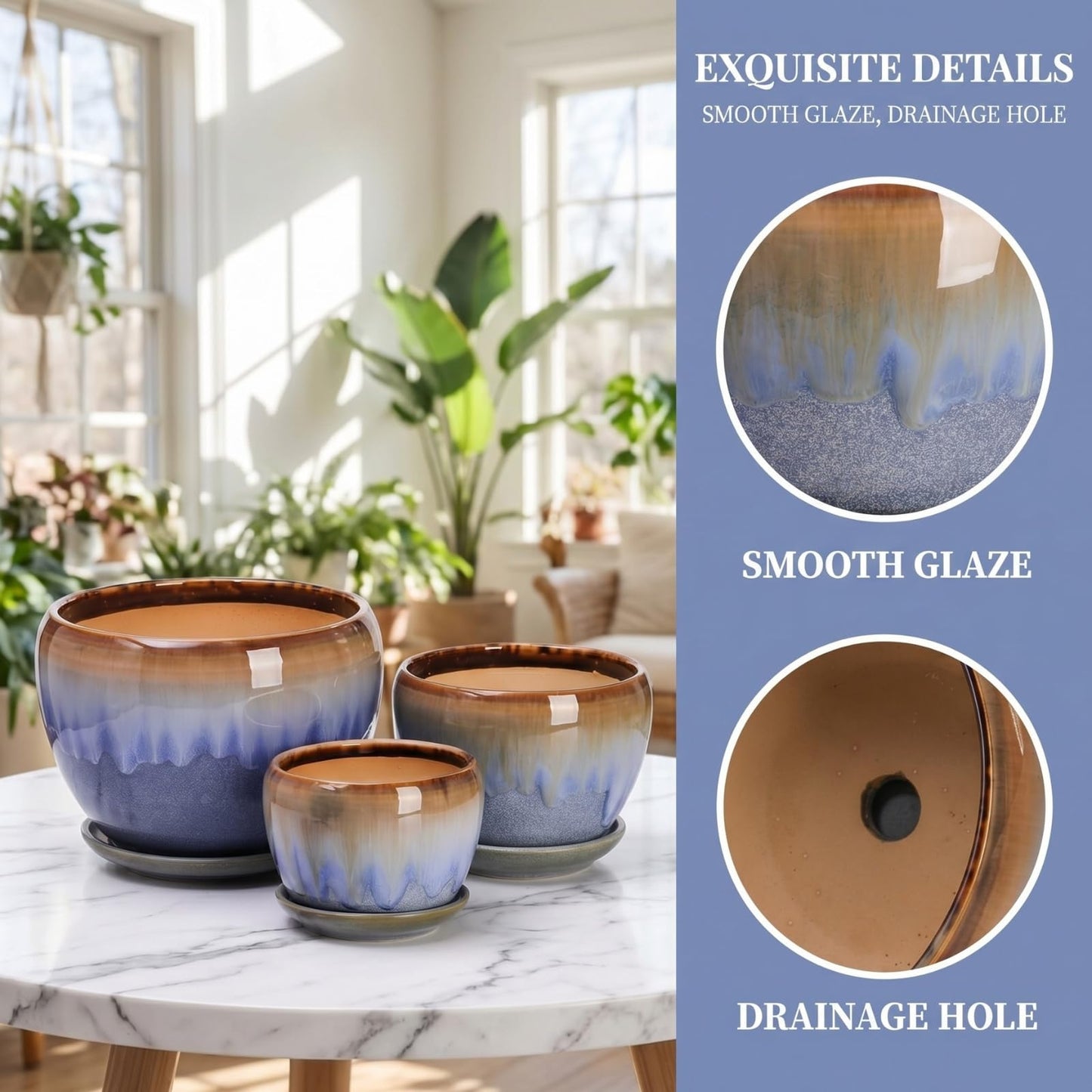 AVLA 3 Pack Ceramic Plant Pots, Gardening Drip Glazed Planters, Decorative Flower Pot with Drainage Hole and Saucer, Round Rustic Houseplant Container for Succulent Herbs Cactus Orchid, Home Office