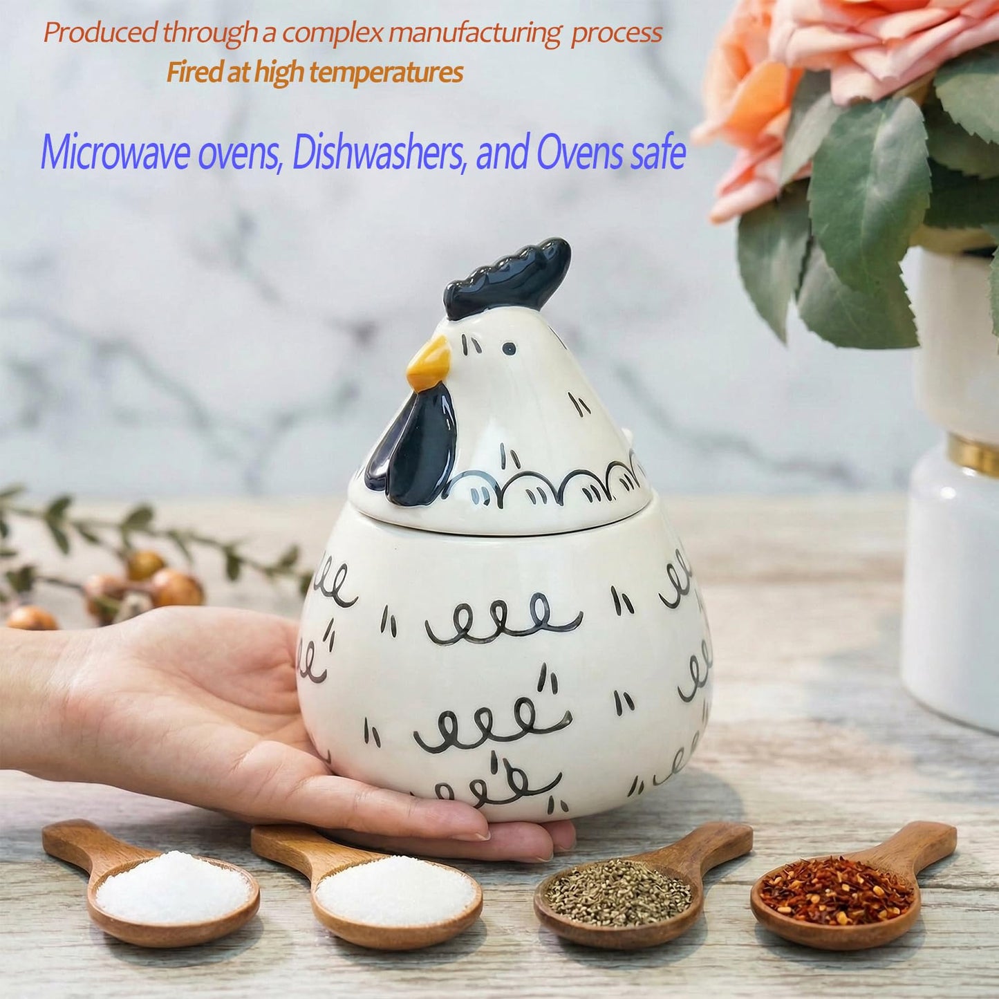 Ceramic Salt Cellar with Lid and Spoon, Rooster Salt & Spice Holder - 13 oz Large Capacity for Countertop, High-Fired Glazed & Easy Clean, Cute Kitchen Decor, Housewarming Gift, Unique Gift for Cooks