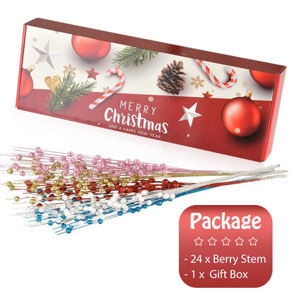 Losris Christmas Artificial Glitter Berry Stem Decorations Decorative Bead Sticks Xmas Picks Glittery Twigs Branches for Christmas Tree Wreath Gift Vase Home Decor Party Ornaments White 24 PCS