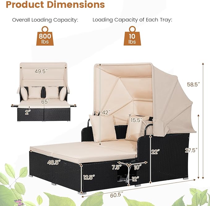 COSTWAY Outdoor Daybed with Retractable Canopy, Patio Rattan Daybed with