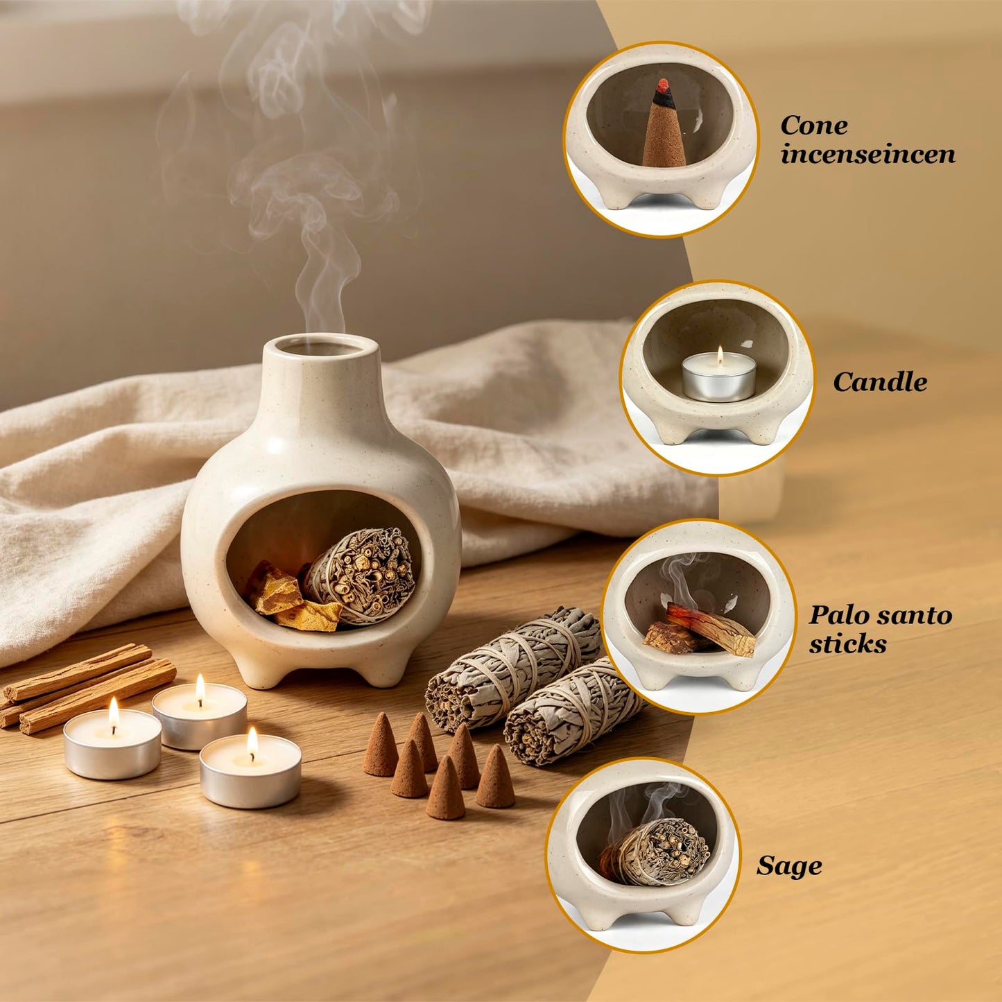 Ceramic Palo Santo Holder Burner with Chimney, Handcrafted Smudge Bowl Ash Catcher for Sage, Incense Cones & Candles, Palo Santo Sticks, for Home, Yoga, Meditation & Spiritual Ceremony (Beige)