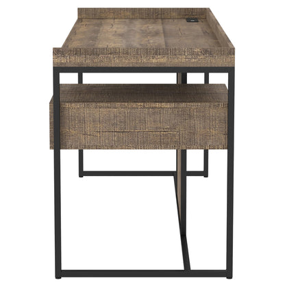 24/7 Shop at Home Lochlan Industrial 1 Drawer Metal Writing Desk with USB Port, Power Outlet, 1 Shelf for Workstation, Home Office, Study Room, Matte Black and Oak Brown
