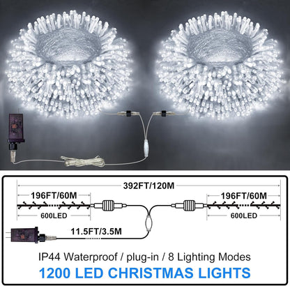 FLVOECN 1200LED Christmas Lights Outdoor Decorations 8 Modes & Memory Timer Christmas Lights with Plug Waterproof Fairy String Lights for Xmas Home Holiday Decor (Cool White, 392 FT 1200 LED)