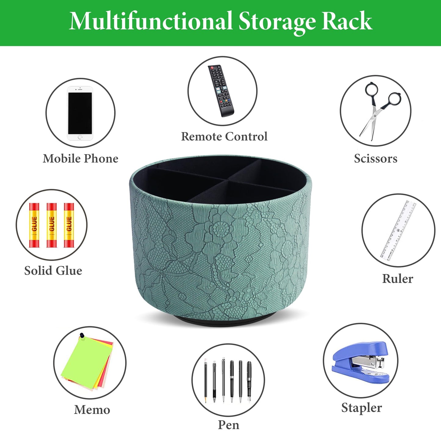 Lvkjafaz Round Leather Art Supply Organizer,Remote Control Holder,360 Degree Spinning,Multi-Functional Pencil Holder,4 Compartments Desktop Stationary Organizer(1-Lace Flower Green2)