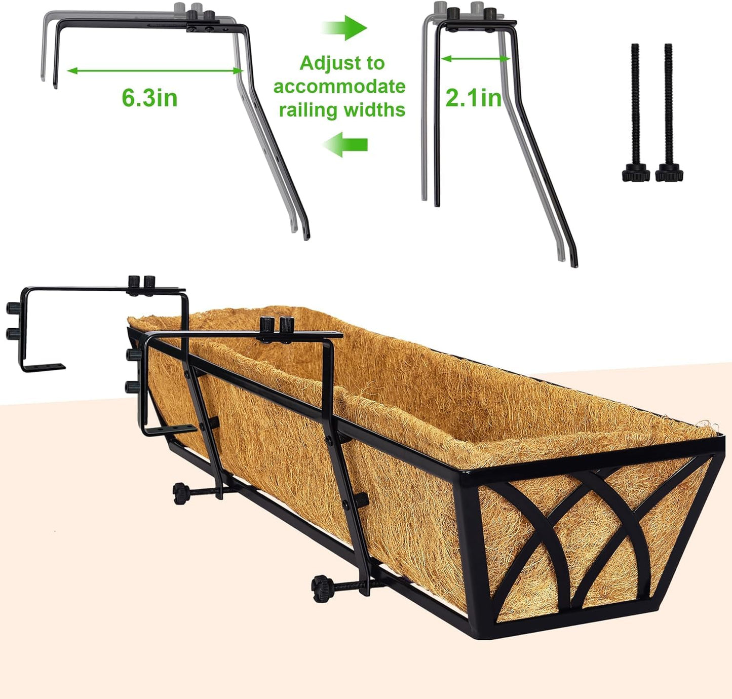 HFHOME 24 inch Railing Planter Box with Coco Liner, 24" Dia Window Box Trough with Coconut Coir Liners, Black Metal Hanging Flower Planter Basket for Indoor Outdoor Lawn - Set of 4
