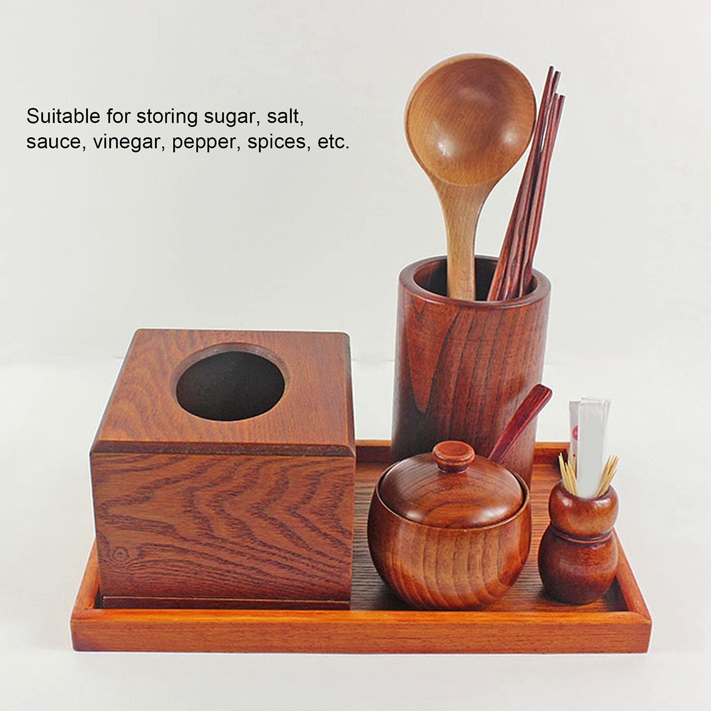 MOUMOUTEN Wood Spice Pot, Natural Wooden Salt Cellar with Lid and Spoon, Sugar Container Vintage Spice Jar Seasoning Container Cooking Utensil for Serving Condiment Chili Powder