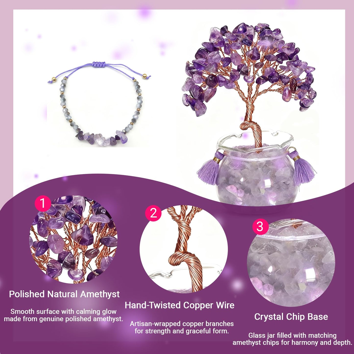 Amethyst Crystal Tree of Life, 4.33 in Purple Gemstone Tree with Bowl Base, Crystal Bonsai Tree for Desk, Feng Shui Tabletop Decor, Crystal Tree Gift, Amethyst Home Accent