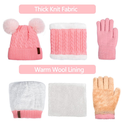 Kids Winter Hats Gloves Scarf Set for Girls Toddler Beanie Baby Neck Warmer Warm Thick Fleece Lining Thermal Pink Knit Cap with Cute Pom Pom for 6-10 Years Old, Gifts for Childrens