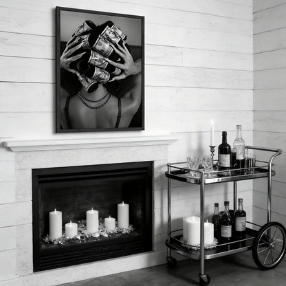 Framed Black and White Fashion Canvas Wall Art Luxury Feminist Picture Wall Decor Trendy Woman with Money on Head Poster Print for Girls Bedroom Apartment Dorm Bar Cart Home Decoration 12x16in