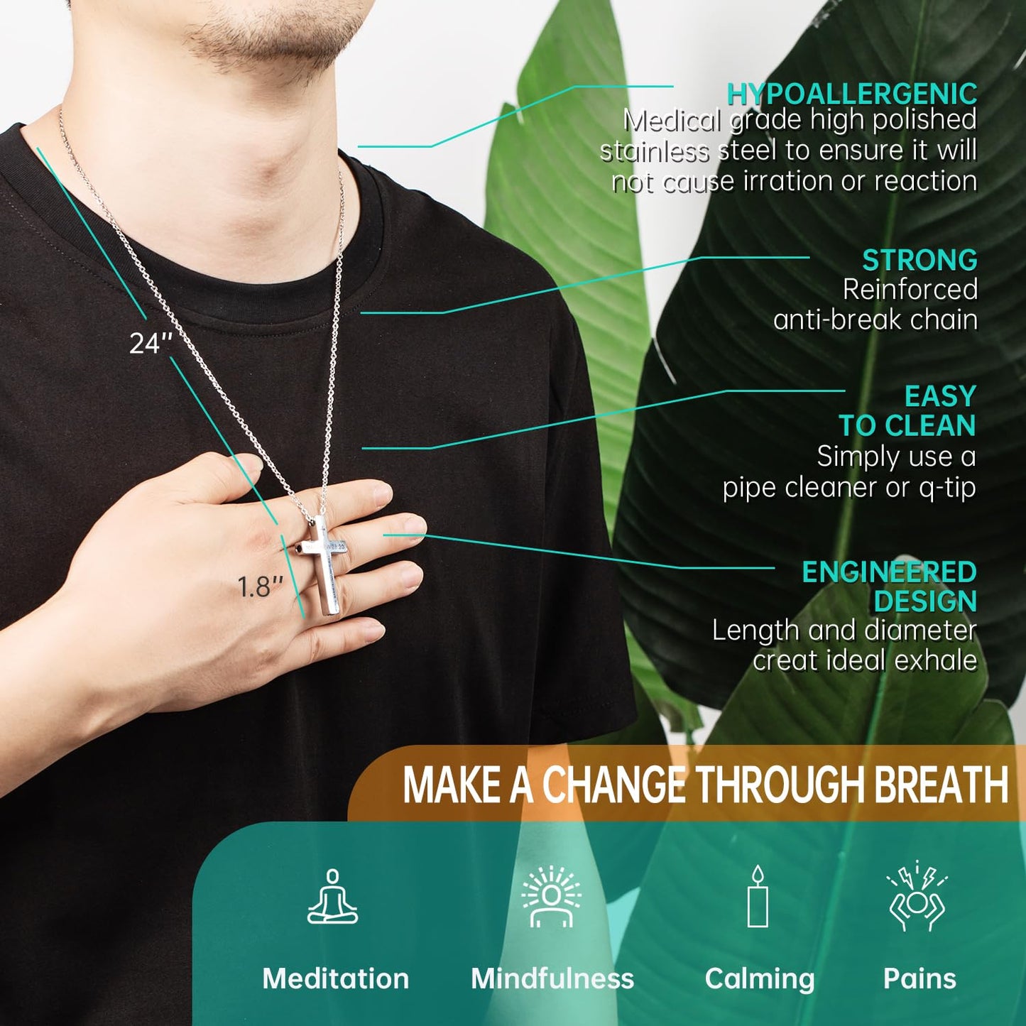 FUNPAR Cross Breathing Necklace for Anxiety, Inspirational Bible Verse Mindfulness Pendant Necklace, Stainless Steel Meditation Breathwork Tool, Anxiety Relief Items for Teens Gift(Black 41: 10)