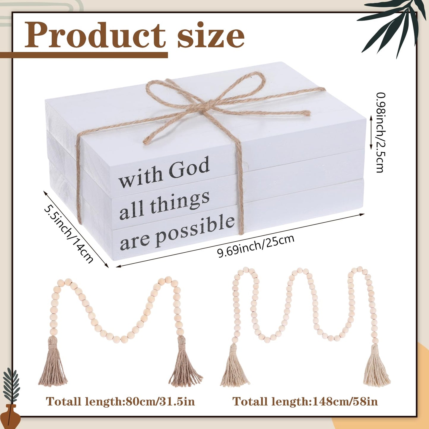 Reallnaive 8 Pcs Rustic Vase Centerpieces Set Included Boho Ceramic Vase Decorative Books Wood Bead Garland with Tassels for Farmhouse Table Island Living Room Decor(with God All Things are Possible)
