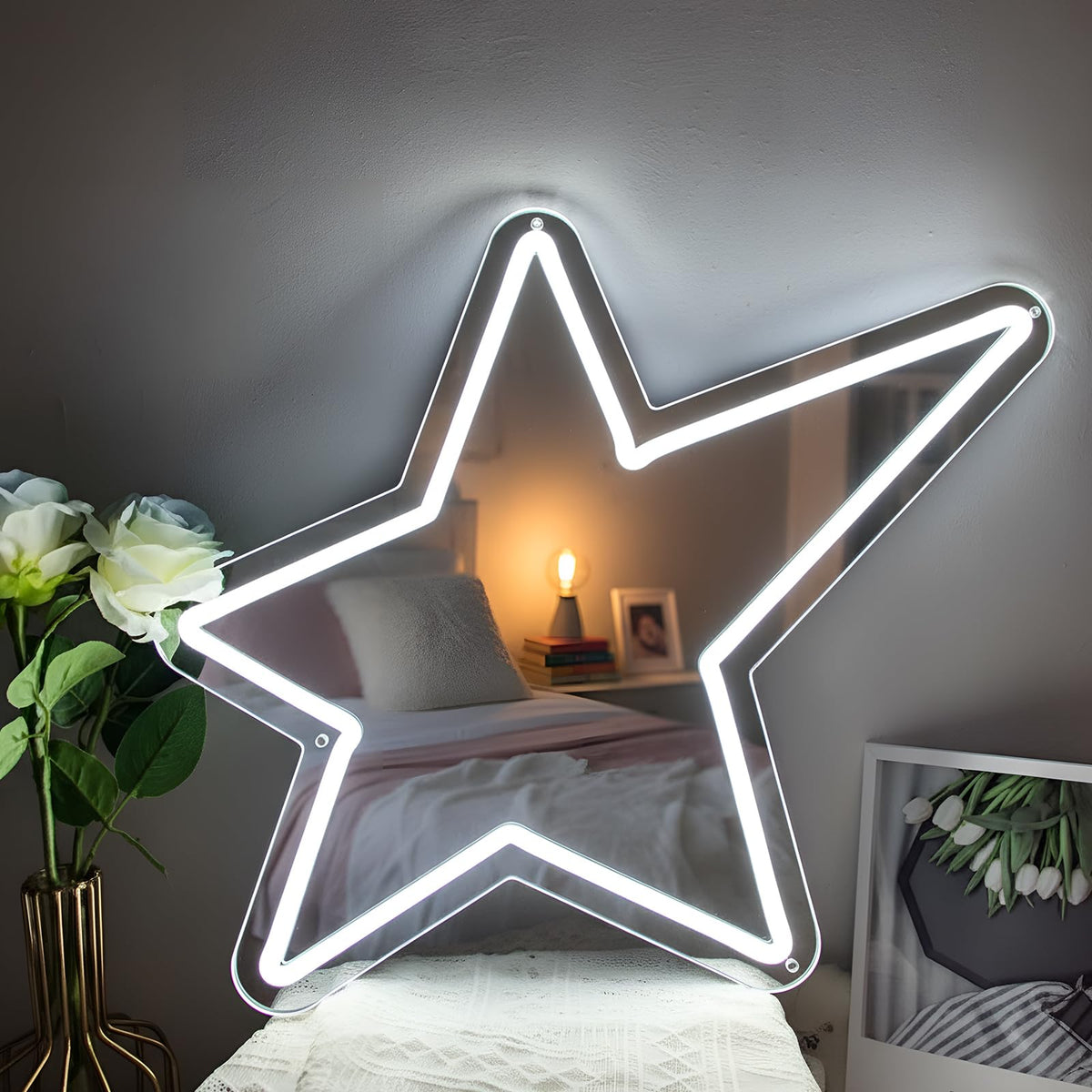 Bucherry Star Neon Mirror Sign, Star Room Mirror, USB LED Light, White, 12"x15", Decorative Wall Decor, Ideal for Bedroom, Party, Studio, Store, Gift