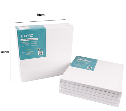 Exerz 30x30cm Framed Canvas 5pk - 1.7cm Pre-Stretched Canvas Artist Blank Square/ 280GSM 100% Cotton/Triple Primed/Acid Free/Medium Grain/Professional Acrylic Paint, Oil Paint